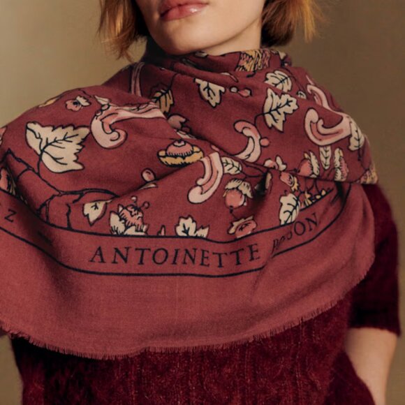 Sézane x Antoinette Poisson NWT Pio Scarf in Burgundy with Birds Print - Picture 1 of 7